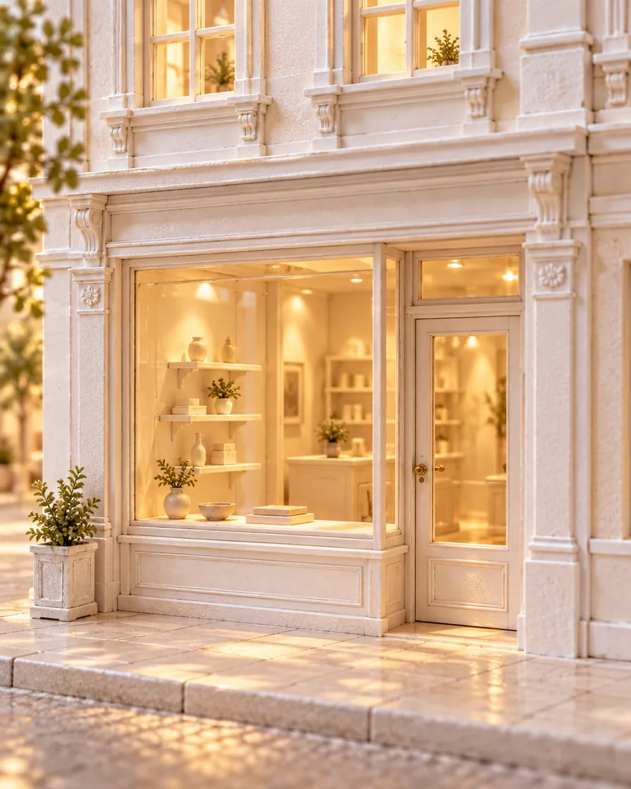 Ladenlokal im Erdgeschoss eines Altbaus mit großem Schaufenster, als weißes Architekturmodell