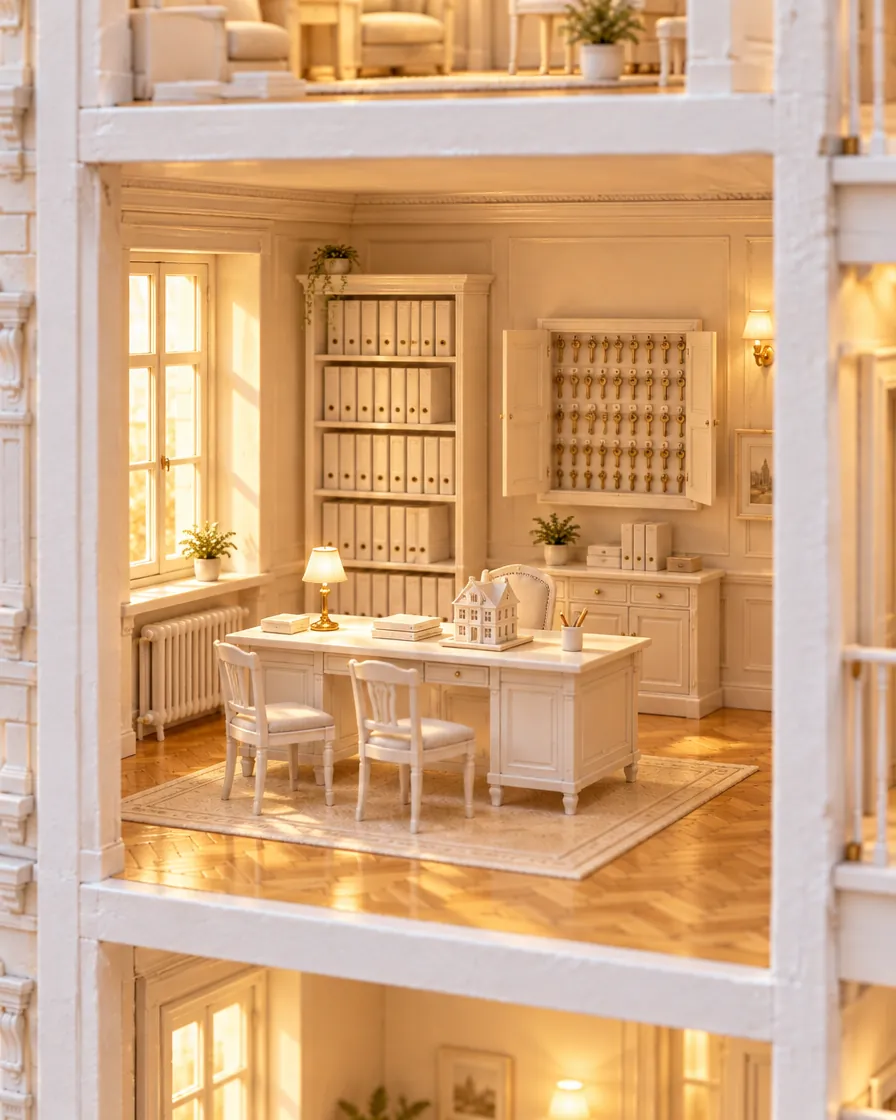 Büro einer Hausverwaltung mit Ordnerregal und Besprechungstisch, als weißes Architekturmodell