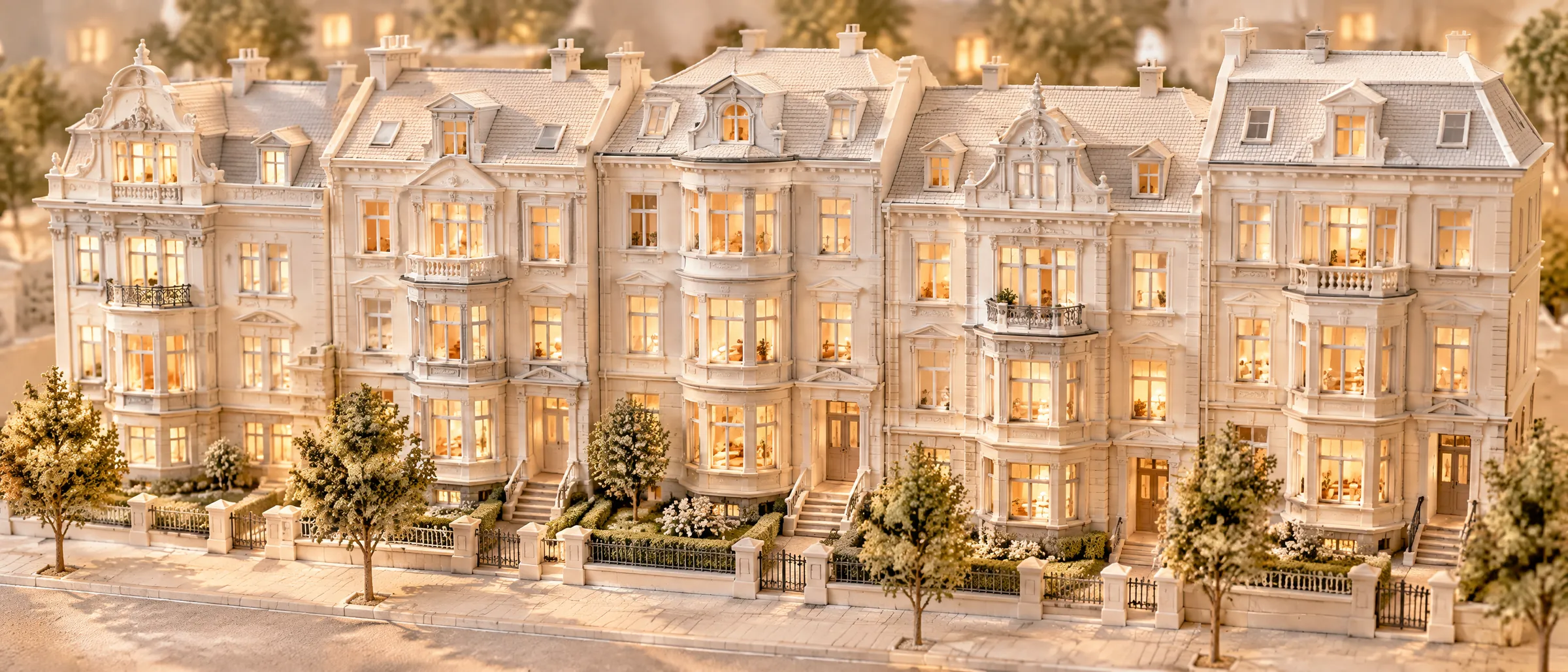 Straßenzug mit fünf Heidelberger Altbauten im Abendlicht, als weißes Architekturmodell