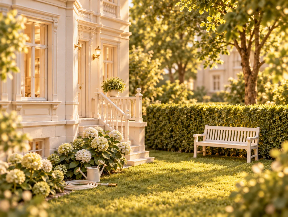 Garten hinter einem Altbau mit Hecke, Hortensien und Gartenbank im Sommerlicht, als weißes Architekturmodell