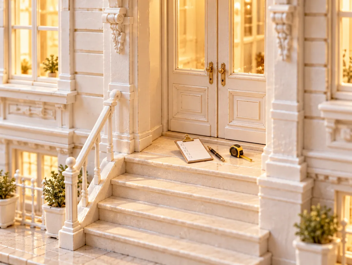 Hauseingang eines Altbaus mit Klemmbrett und Maßband auf der Treppe, als weißes Architekturmodell