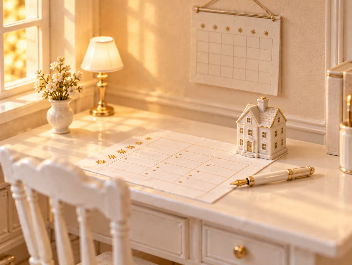 Schreibtisch mit Wochenplan und Kalender, als weißes Architekturmodell