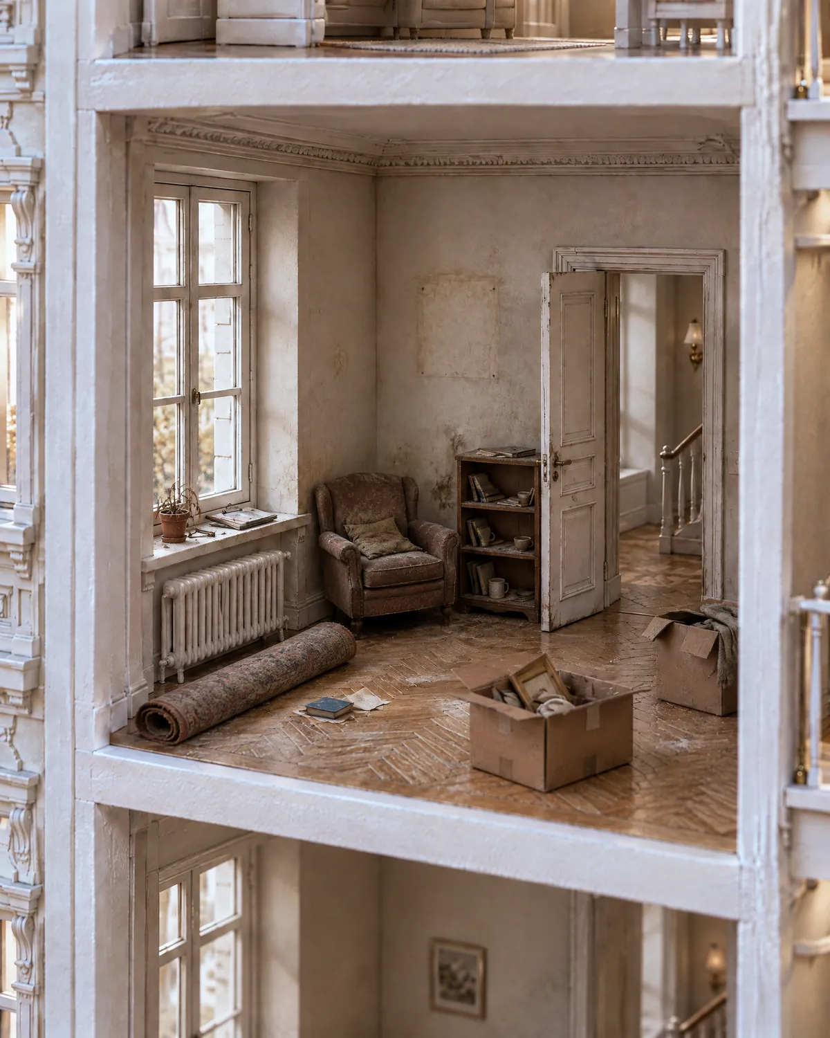 Altbauwohnung am Tag des Auszugs mit Sessel, Teppichrolle und Kartons, als weißes Architekturmodell